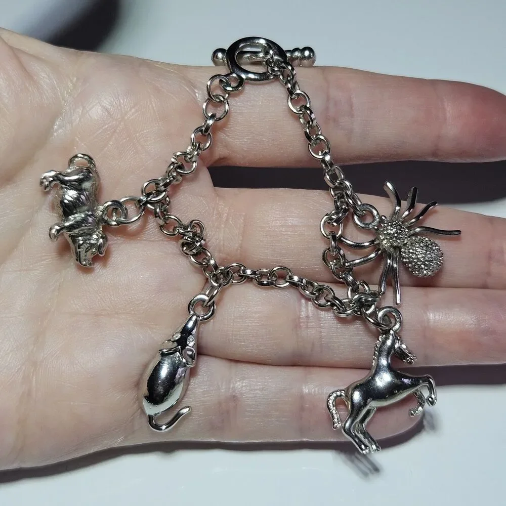 Silver Tone Spider Pig Mouse Horse Charm Toggle Bracelet 6